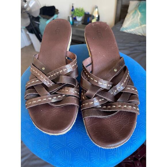 UGG Shoes - Ugg Brown Leather Open Toed Leather Strap Sandals, 3 Inch Heel Size 10 (S15) 10